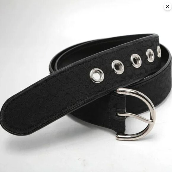 Coach Signature Jacquard Black Canvas Leather Belt Classic Monogram Silver K8 - Picture 7 of 16